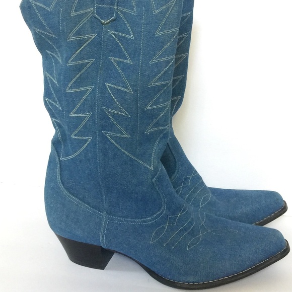 Chambray Denim Jean Western Cowboy Boots Sz 6 - Picture 1 of 6
